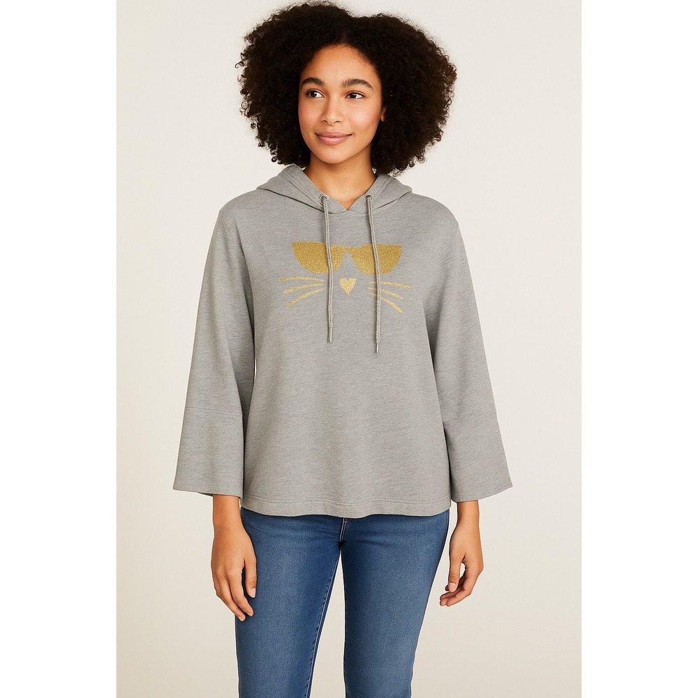 Karl Lagerfeld Paris Gray Hoodie Gold Glitter Cat Graphic Bell‎ Sleeve